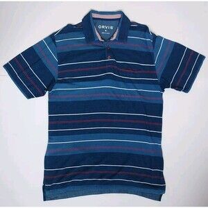 Mens Orvis Blue Striped SS Polo Shirt Fly Fishing Golf Front Pocket Size M
